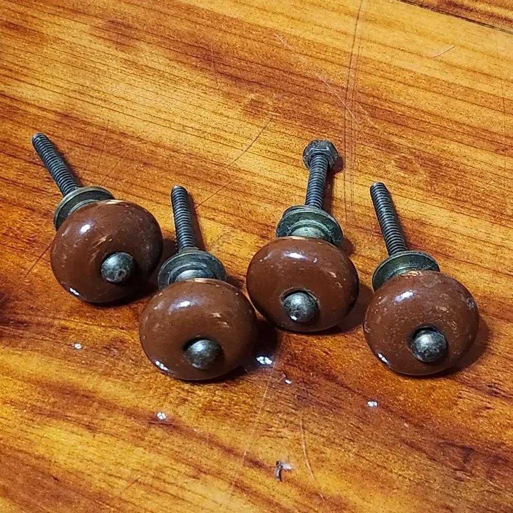 4 Brown Ceramic Round Ball Knobs Vintage Drawer Pulls Dresser Cabinet Vanity DIY